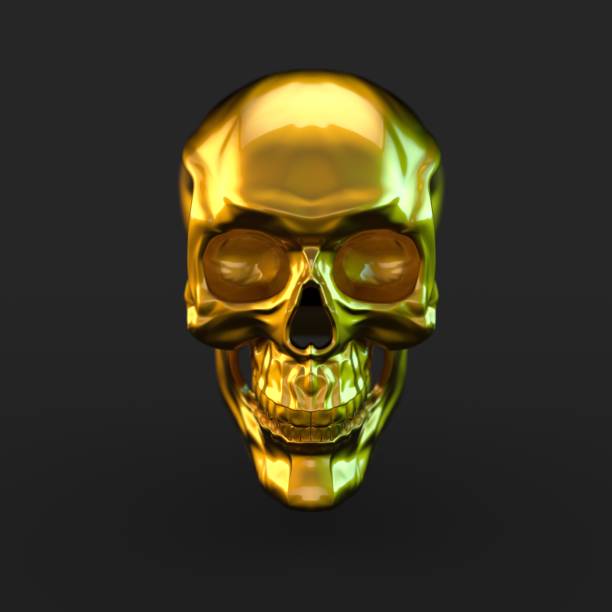 istock Golden glossy skull with light reflections isolated on black background 941013230