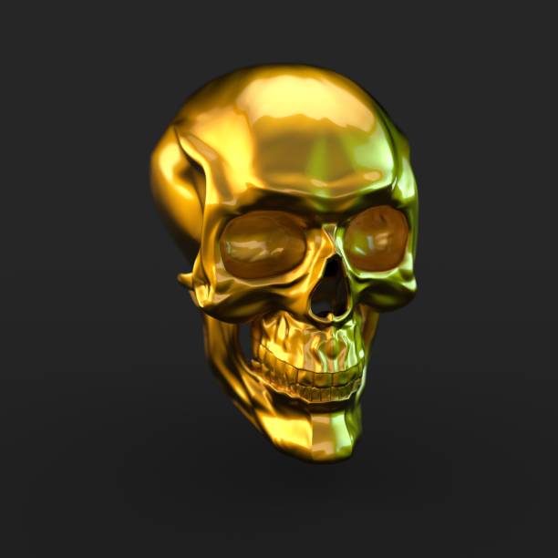 istock Golden glossy skull with light reflections isolated on black background 941013248