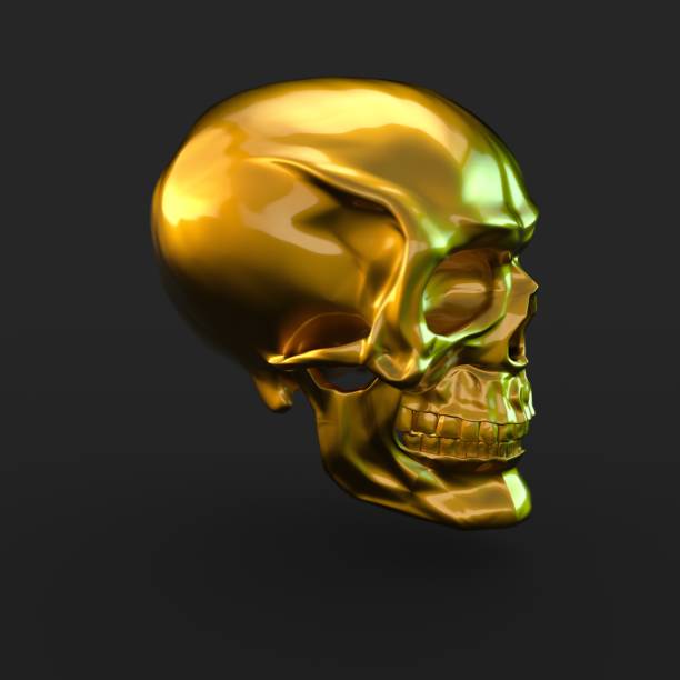 istock Golden glossy skull with light reflections isolated on black background 941013280