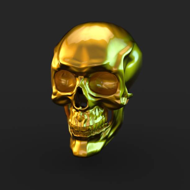 istock Golden glossy skull with light reflections isolated on black background 941013290