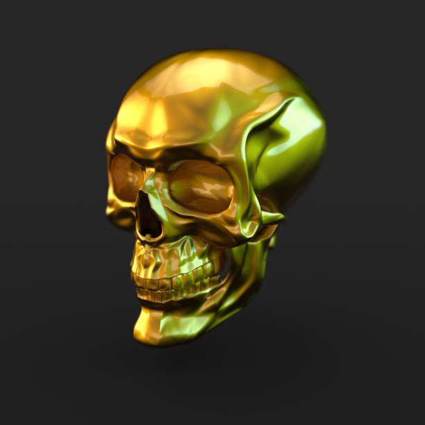 istock Golden glossy skull with light reflections isolated on black background 941013306