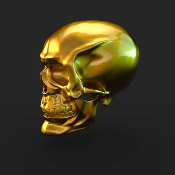 istock Golden glossy skull with light reflections isolated on black background 941013326