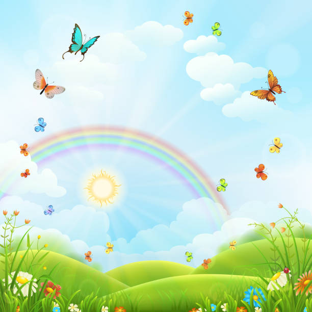 illustrazioni stock, clip art, cartoni animati e icone di tendenza di bellissimo paesaggio estivo - rainbow flower meadow nature