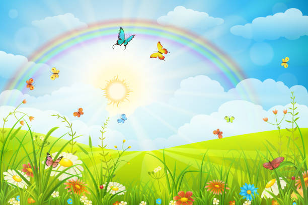 illustrazioni stock, clip art, cartoni animati e icone di tendenza di paesaggio estivo o primaverile - rainbow flower meadow nature