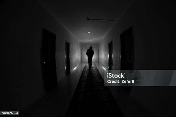 Creepy Silhouette In The Dark Abandoned Building Dark Corridor With Cabinet Doors And Lights With Silhouette Of Spooky Horror Person Standing With Different Poses Stock Photo - Download Image Now