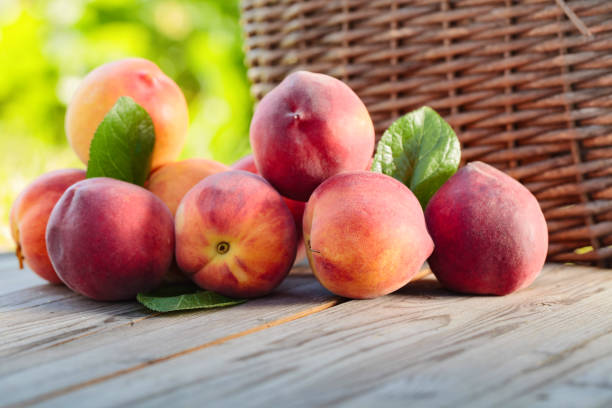 istock Fresh peaches with leaves  on wooden rustic background. 941024970