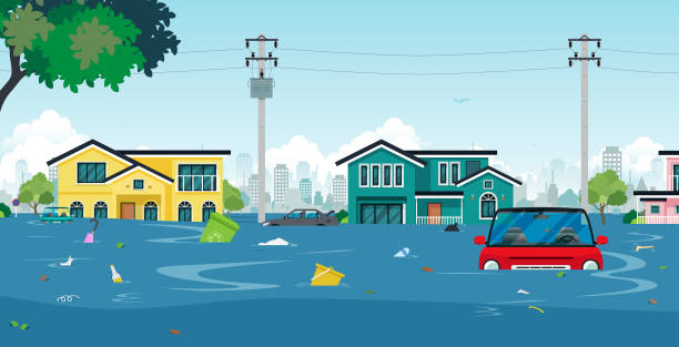 Flood town City floods and cars with garbage floating in the water. flooded home stock illustrations