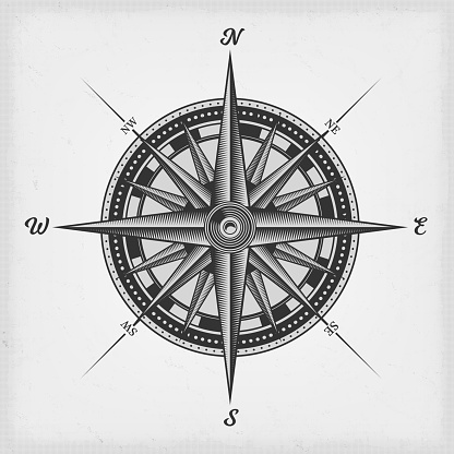 Illustration of a black and white nautical compass rose on vintage old textured background