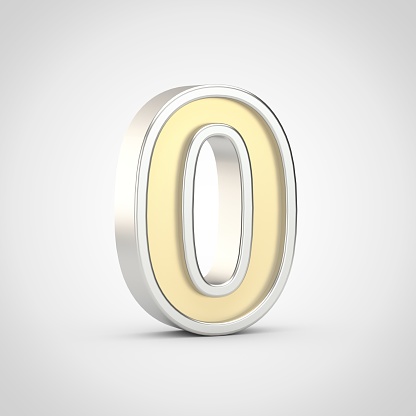 Gloosy letter number 0. 3D render gold font with silver outline isolated on white background.