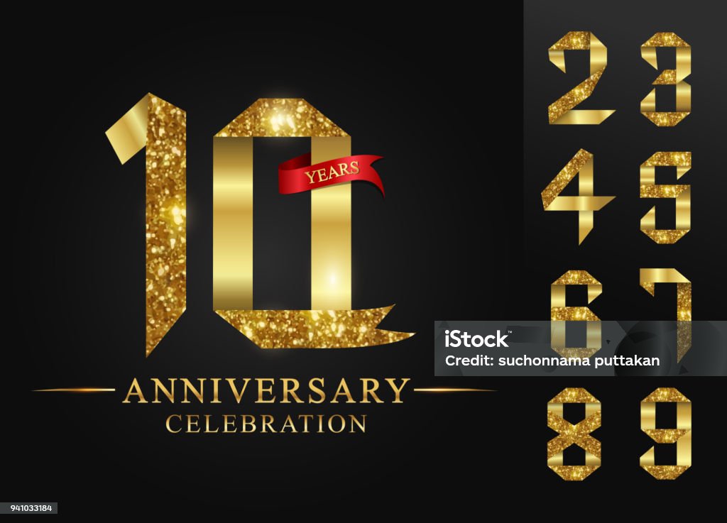 10 - 90 years anniversary, 0 - 9 Numbers.Celebration anniversary celebration logotype. logo with golden ribbons on black background, vector design for invitation card,number gold ribbon foil. 10 anniversary celebration and 0-9 numbers gold ribbon foil on black background. Anniversary stock vector