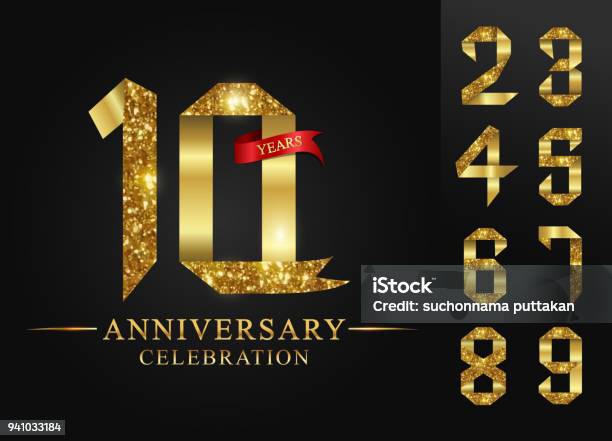 10 90 Years Anniversary 0 9 Numberscelebration Anniversary Celebration Logotype Logo With Golden Ribbons On Black Background Vector Design For Invitation Cardnumber Gold Ribbon Foil Stock Illustration - Download Image Now