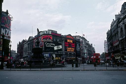 London, England, UK, 1973. Piccadilly circus, panorama.