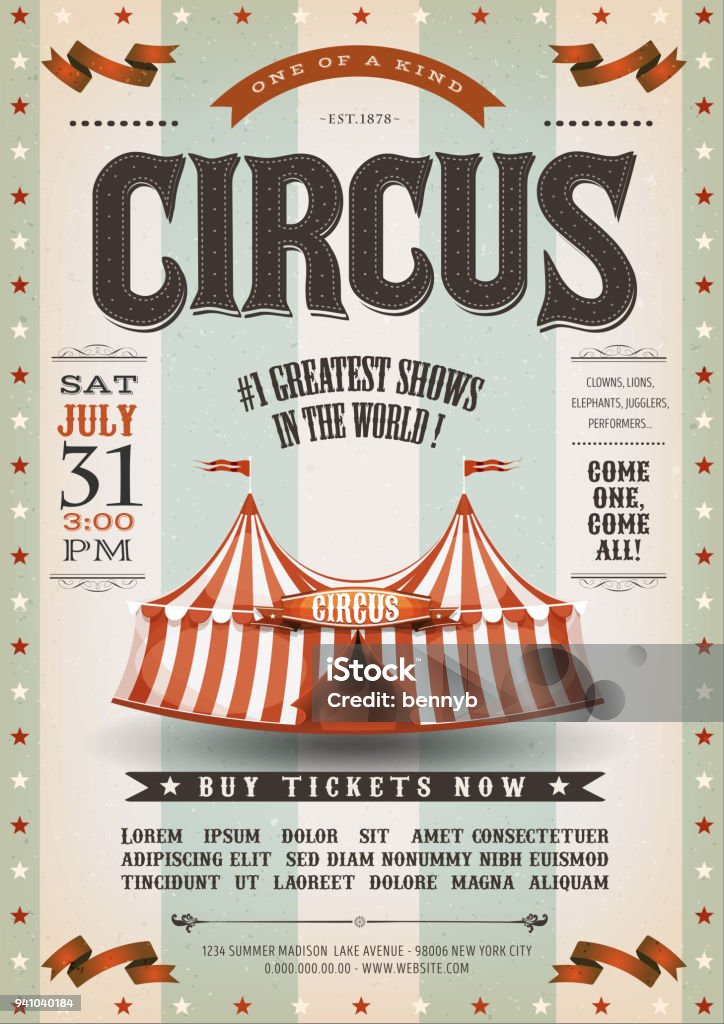Vintage Grunge Circus Poster Illustration of an old-fashioned vintage circus poster, with big top, design elements and grunge textured background Circus stock vector