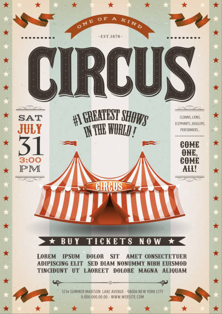 Vintage Grunge Circus Poster Illustration of an old-fashioned vintage circus poster, with big top, design elements and grunge textured background traveling carnival illustrations stock illustrations