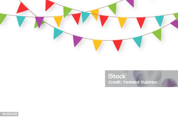 Carnival Garland With Flags Decorative Colorful Party Pennants For Birthday Celebration Festival And Fair Decoration Holiday Background With Hanging Flags Stock Illustration - Download Image Now