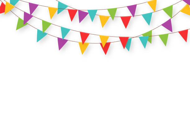 ilustrações de stock, clip art, desenhos animados e ícones de carnival garland with flags. decorative colorful party pennants for birthday celebration, festival and fair decoration. holiday background with hanging flags - party