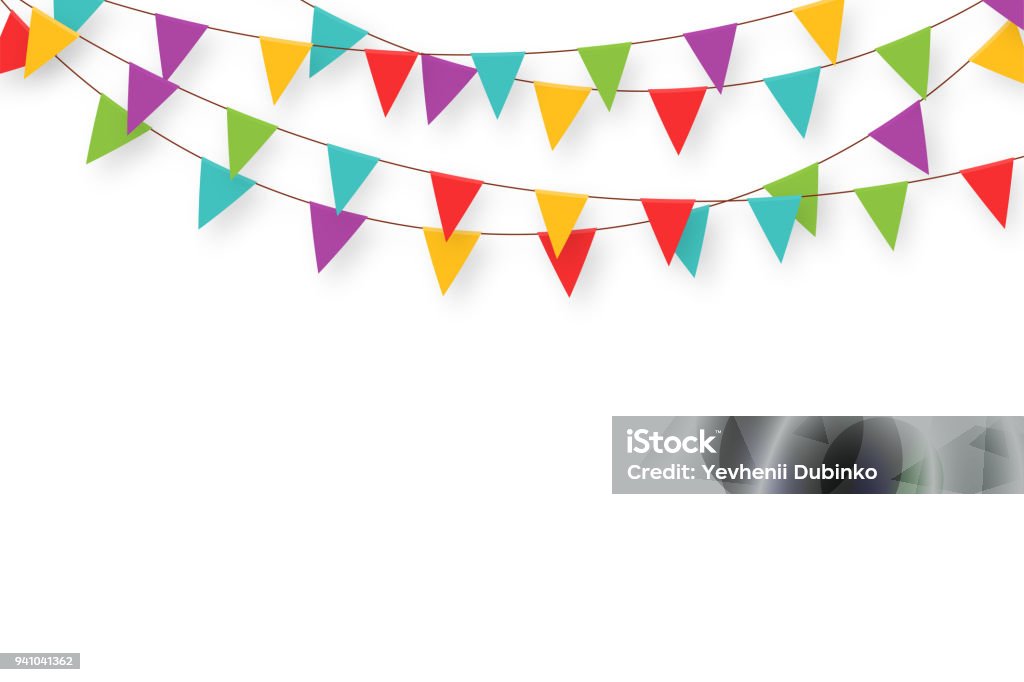 Carnival garland with flags. Decorative colorful party pennants for birthday celebration, festival and fair decoration. Holiday background with hanging flags Carnival garland with flags. Decorative colorful party pennants for birthday celebration, festival and fair decoration. Holiday background with hanging flags. Vector Party - Social Event stock vector