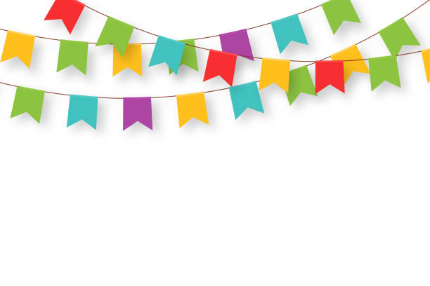 Carnival garland with flags. Decorative colorful party pennants for birthday celebration, festival and fair decoration. Holiday background with hanging flags Carnival garland with flags. Decorative colorful party pennants for birthday celebration, festival and fair decoration. Holiday background with hanging flags. Vector bunting stock illustrations