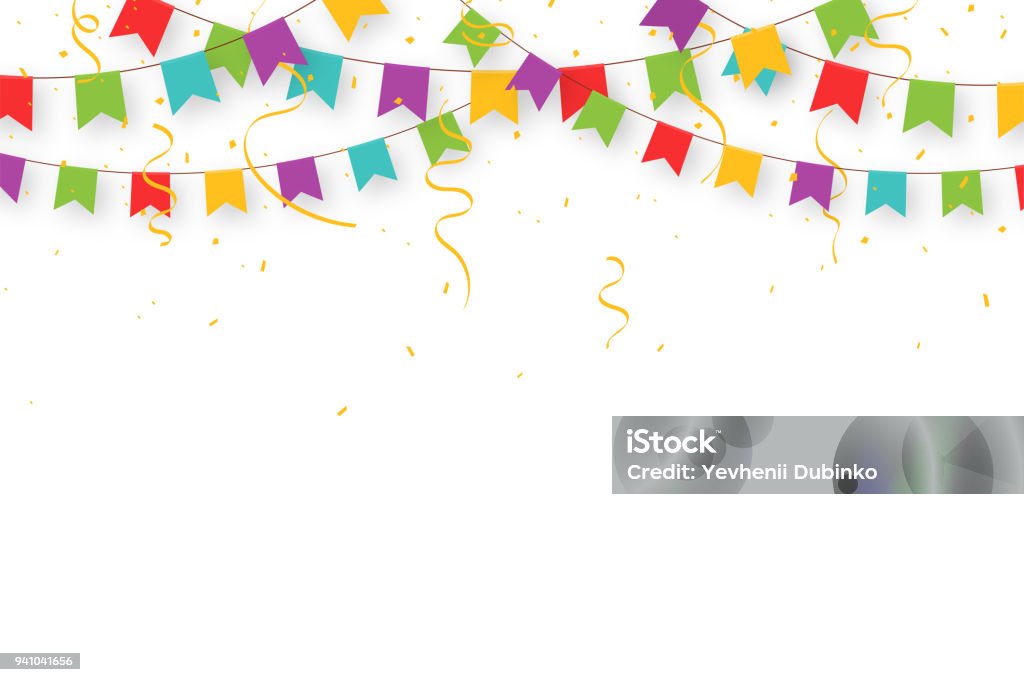 Carnival garland with flags, confetti and ribbons. Decorative colorful party pennants for birthday celebration, festival and fair decoration. Holiday background with hanging flags Carnival garland with flags, confetti and ribbons. Decorative colorful party pennants for birthday celebration, festival and fair decoration. Holiday background with hanging flags. Vector Confetti stock vector