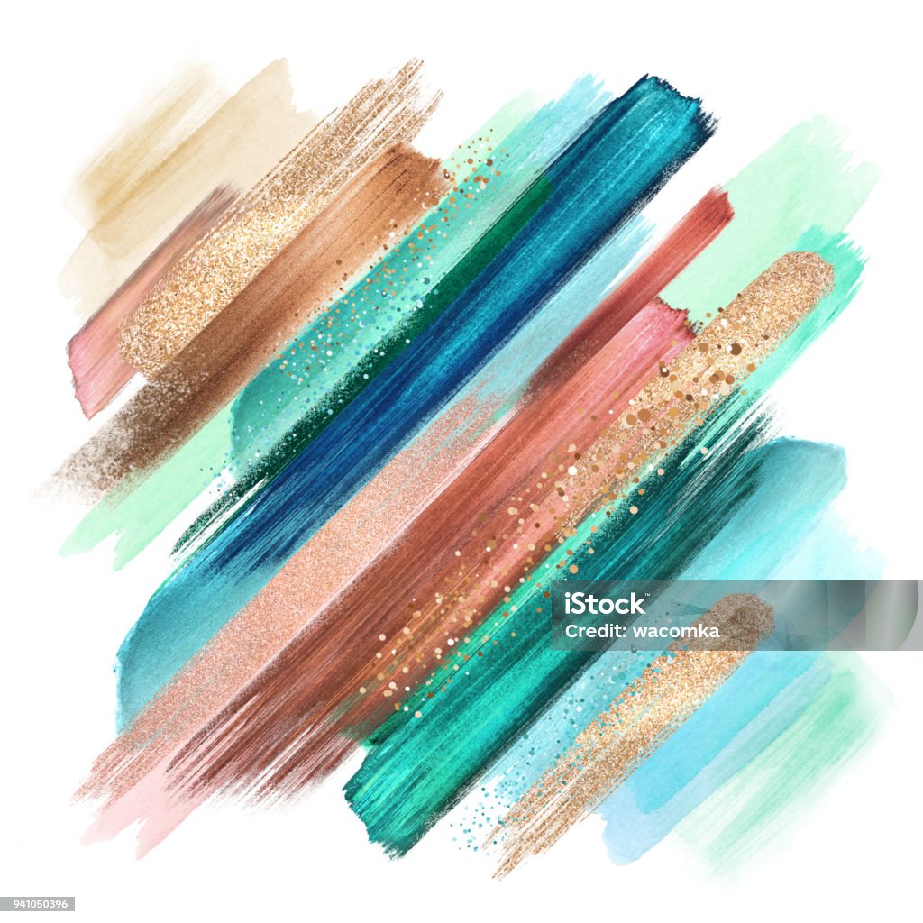 abstract grungy paint smears isolated on white, watercolor brush strokes, creative illustration, copper mint artistic palette, boho fashion, intricate ethnic background Watercolor Painting Stock Photo