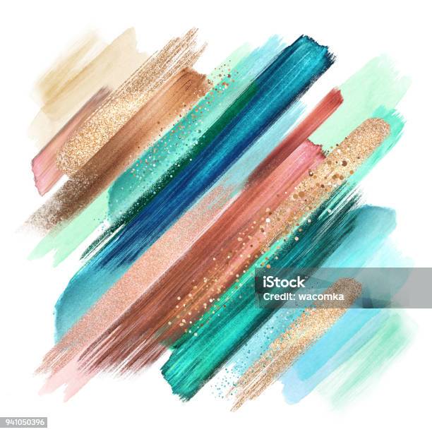 Abstract Grungy Paint Smears Isolated On White Watercolor Brush Strokes Creative Illustration Copper Mint Artistic Palette Boho Fashion Intricate Ethnic Background Stock Photo - Download Image Now