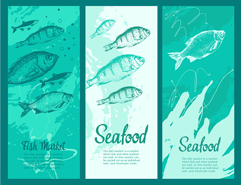 layout banners with. Vector illustration with sketches of fish. Round composition. Hand drawn fish. Blue design. Fish Market. Poster for seafood menu.
