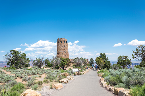 Grand Canyon Village, Arizona, USA - June 20, 2017: old watch tower on the south rim of the Grand Canyon, Arizona, USA. Tourist popular observation deck Desert View in Grand Canyon National Park. Journey to the Southwest of the USA