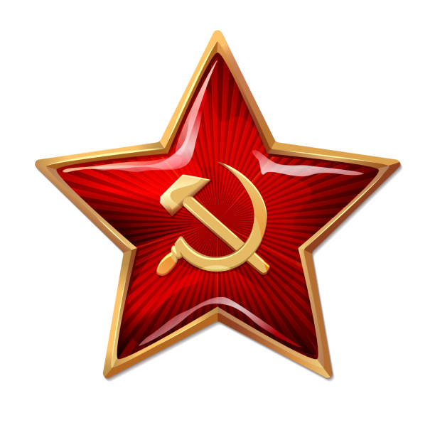 ilustraciones, imágenes clip art, dibujos animados e iconos de stock de estrella roja con la hoz y el martillo. la estrella como un soldado soviético. - medal star shape war award