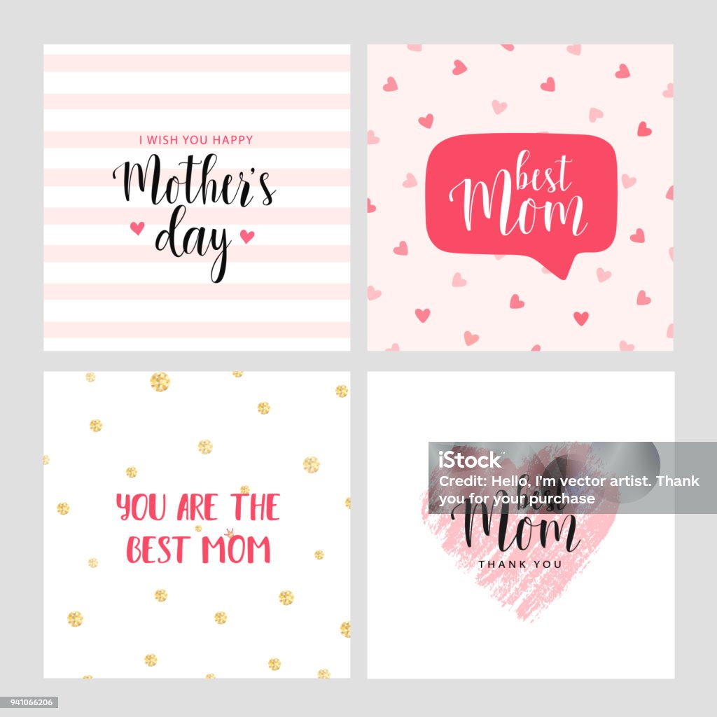 Set of vector cards for Mother's day Vector set of square cards for Mother's day. Pink hand drawn heart. Vector illustration. Vector card, badge for Mother's day. Love Mom concept. Happy Mother's day. Mother stock vector