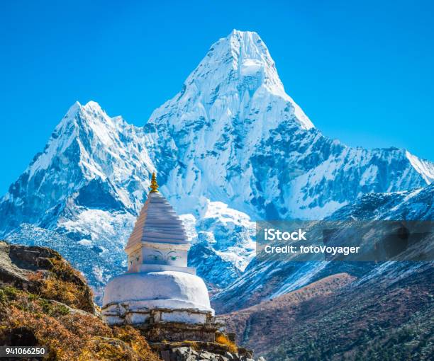 Buddhist Stupa Shrine Below Ama Dablam Mountain Peak Himalayas Nepal Stock Photo - Download Image Now