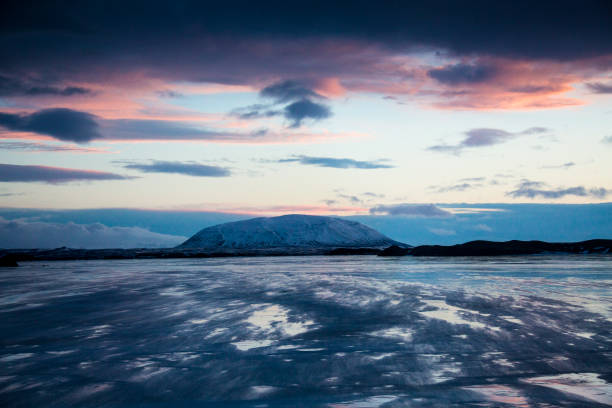 Volcanoes on Myvatn, North Iceland in winter at sunrise