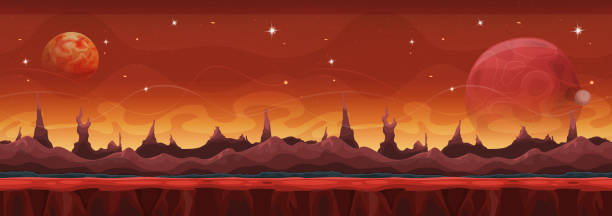 Fantasy Wide Sci-fi Martian Background For Ui Game Illustration of a wide seamless cartoon funny sci-fi alien planet landscape background, with layers for parallax including weird mountains range, stars and planets for ui game extrasolar planet stock illustrations