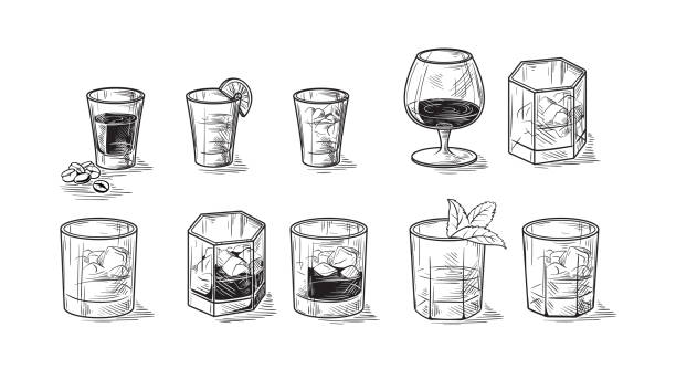 ilustraciones, imágenes clip art, dibujos animados e iconos de stock de conjunto de botellas de alcohol - whisky glass alcohol drink