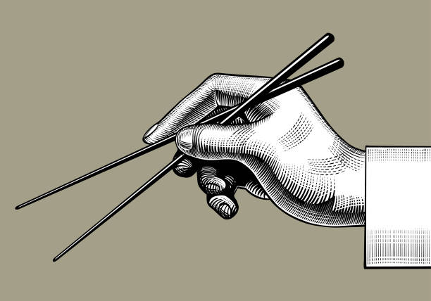 Hand with chopsticks Hand with chopsticks. Vintage stylized drawing. Vector illustration chopsticks stock illustrations