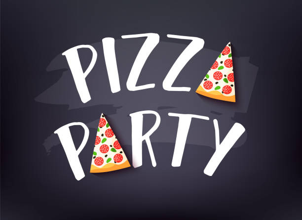 텍스트와 어두운 배경에 피자의 조각 피자 파티 배너. 벡터 카드입니다. - pizza party stock illustrations