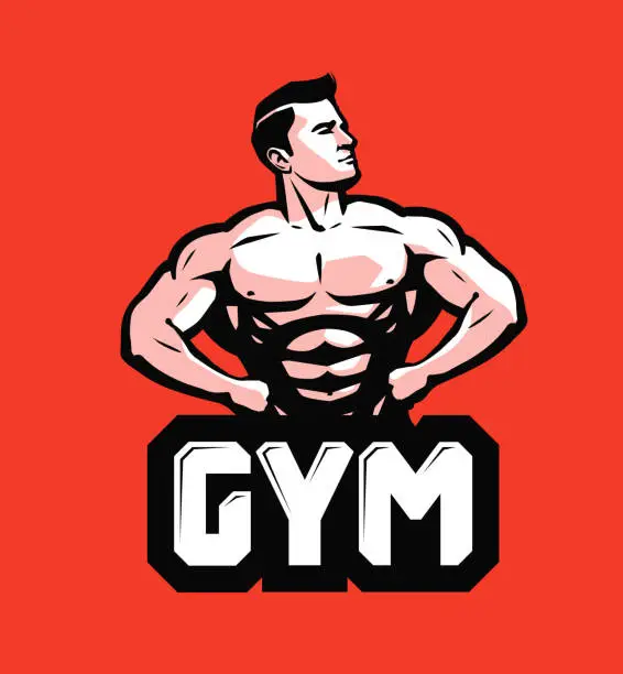 Vector illustration of Gym, bodybuilding icon or label. Strong man with big muscles. Vector illustration