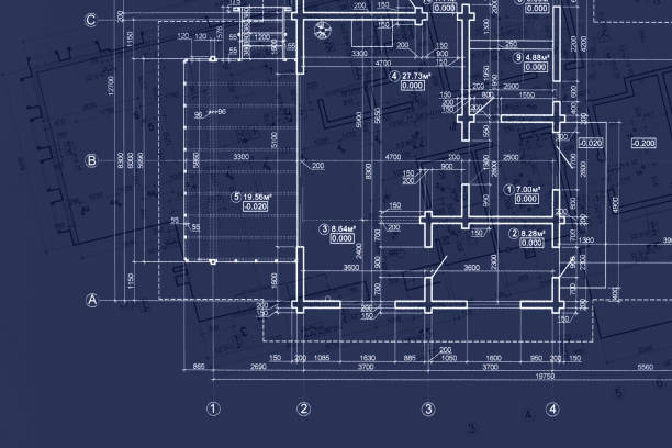house blueprint on architects desk, engineering drawings and plans on blue background house blueprint on architects desk, engineering drawings and plans on dark blue background floor plan blueprint stock pictures, royalty-free photos & images