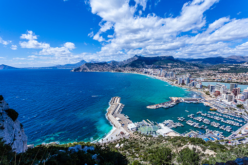 Aerial view of Calpe-Comunidad Autonoma de Valencia, Spain. Copy space available for text and/or logo. Multiple images taken from Peñon de Ifach. DSRL outdoors photo taken with Canon EOS 5D Mk II and Canon EF 17-40mm f/4L IS USM Wide Angle Zoom Lens