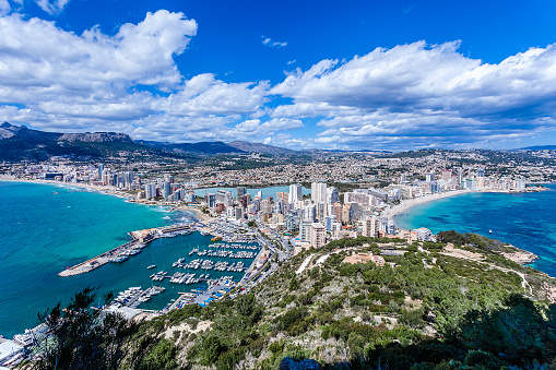 Aerial view of Calpe-Comunidad Autonoma de Valencia, Spain. Copy space available for text and/or logo. Multiple images taken from Peñon de Ifach. DSRL outdoors photo taken with Canon EOS 5D Mk II and Canon EF 17-40mm f/4L IS USM Wide Angle Zoom Lens