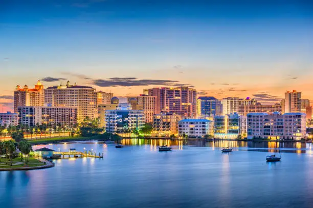 Sarasota, Florida, USA skyline on the bay at dawn.