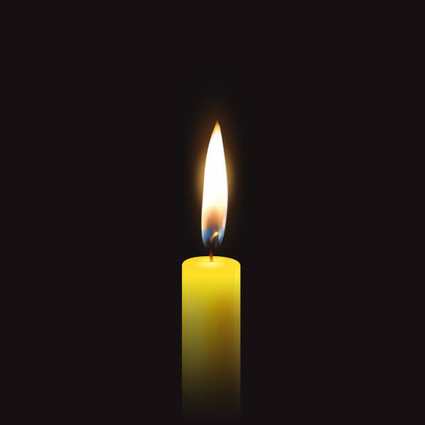istock Vector funeral card with single 3d realistic yellow orange paraffin wax burning candle closeup on dark black background. Design template for graphics 941087110