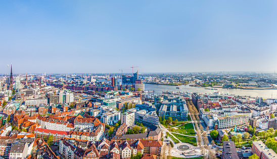 cityscape of Hamburg from the famous tower Michaelis with view to the city and the harbor