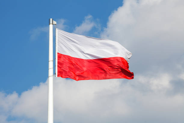 istock Polish national flag waving on the wind against blue cloudy sky 941089232