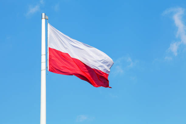 istock Polish national flag waving on the wind against blue cloudy sky 941089266