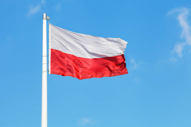 istock Polish national flag waving on the wind against blue cloudy sky 941089270