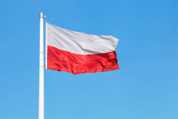 istock Polish national flag waving on the wind against clear blue sky 941089334