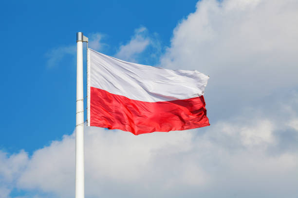 istock Polish national flag waving on the wind against blue cloudy sky 941089348