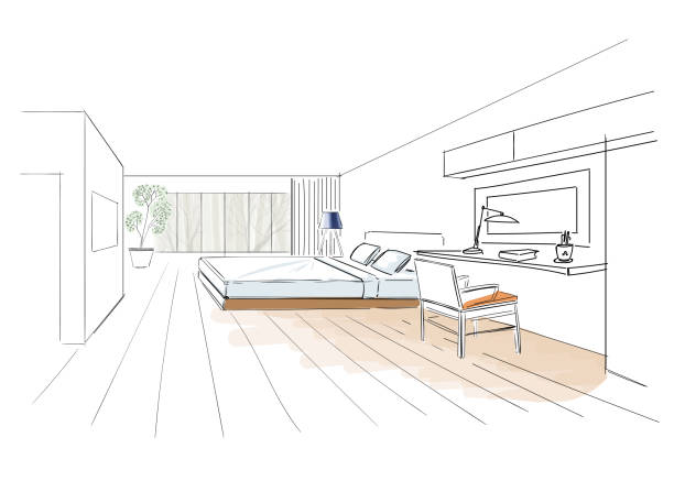 Interior sketch of hotel room. Illustration of bedroom in hotel. bedroom drawings stock illustrations