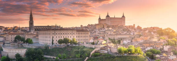 Panoramic aerial view of ancient city of Toledo Panoramic aerial view of ancient city and Alcazar castle of Toledo Castilla la Mancha, Spain plateau photos stock pictures, royalty-free photos & images