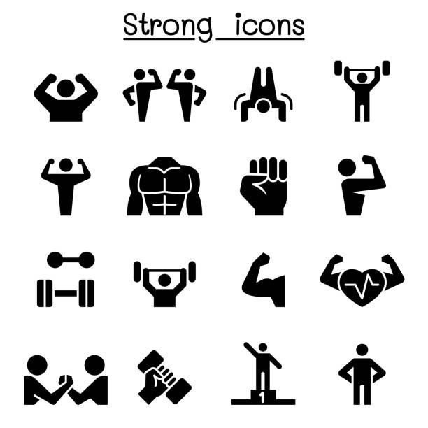 ilustraciones, imágenes clip art, dibujos animados e iconos de stock de conjunto de iconos de fitness y fuerte - musculoso